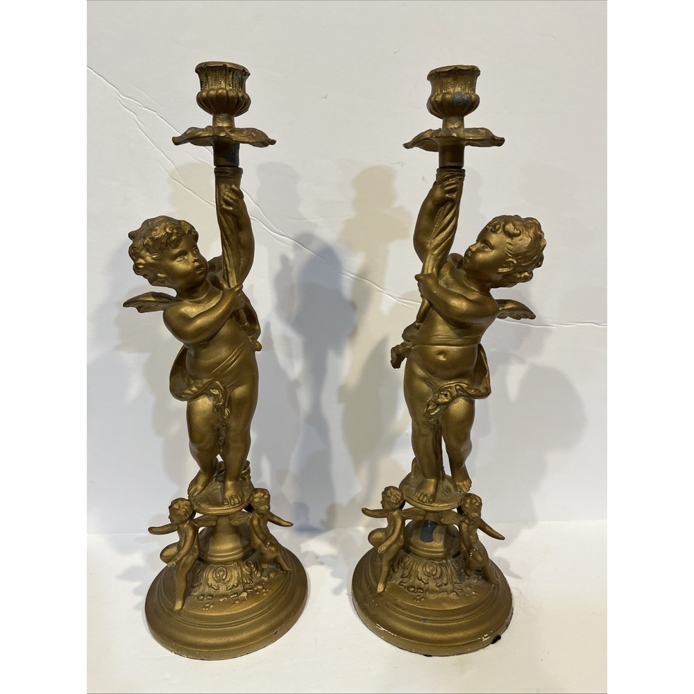 VTG Angels Cherubs Candelabra Candlestick Candle Holder Statue Sculpture Spelter